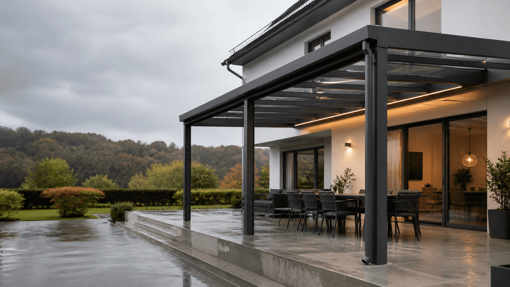 Visualisierung eines anthrazitfarbenen Aluminium-Terrassendachs an einem Wohnhaus in der Westpfalz